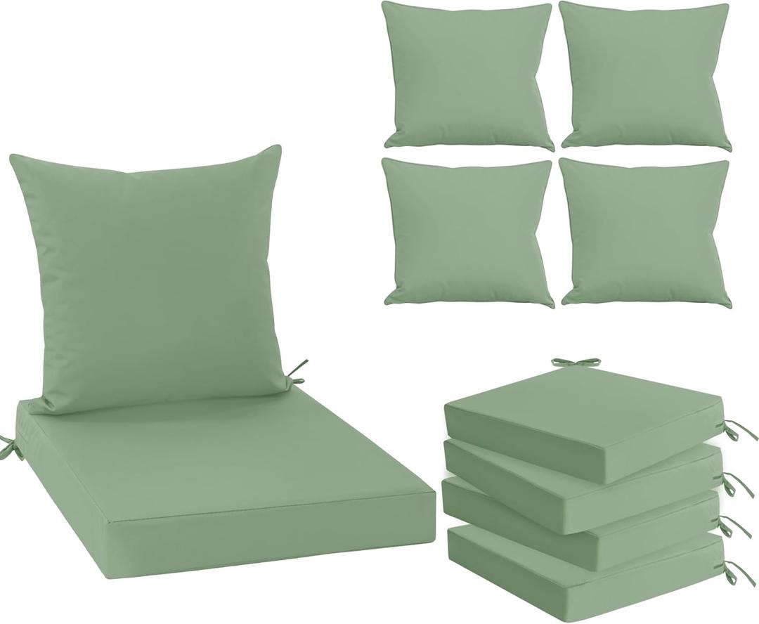 Outdoor Chair Cushions Set of 4, Waterproof Back Pillow and Seat Cushion Set for Patio Furniture, Outdoor Sofa Replacement Cushions with Removable Cover, 24 x 24 Inch, Sage Green