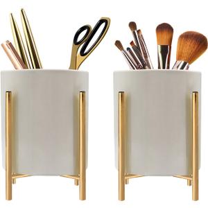 Gold Office Desktop Accessories,pen holder for desk Modern Art Pencil Cup Pot,With Metal Bracket (White)
