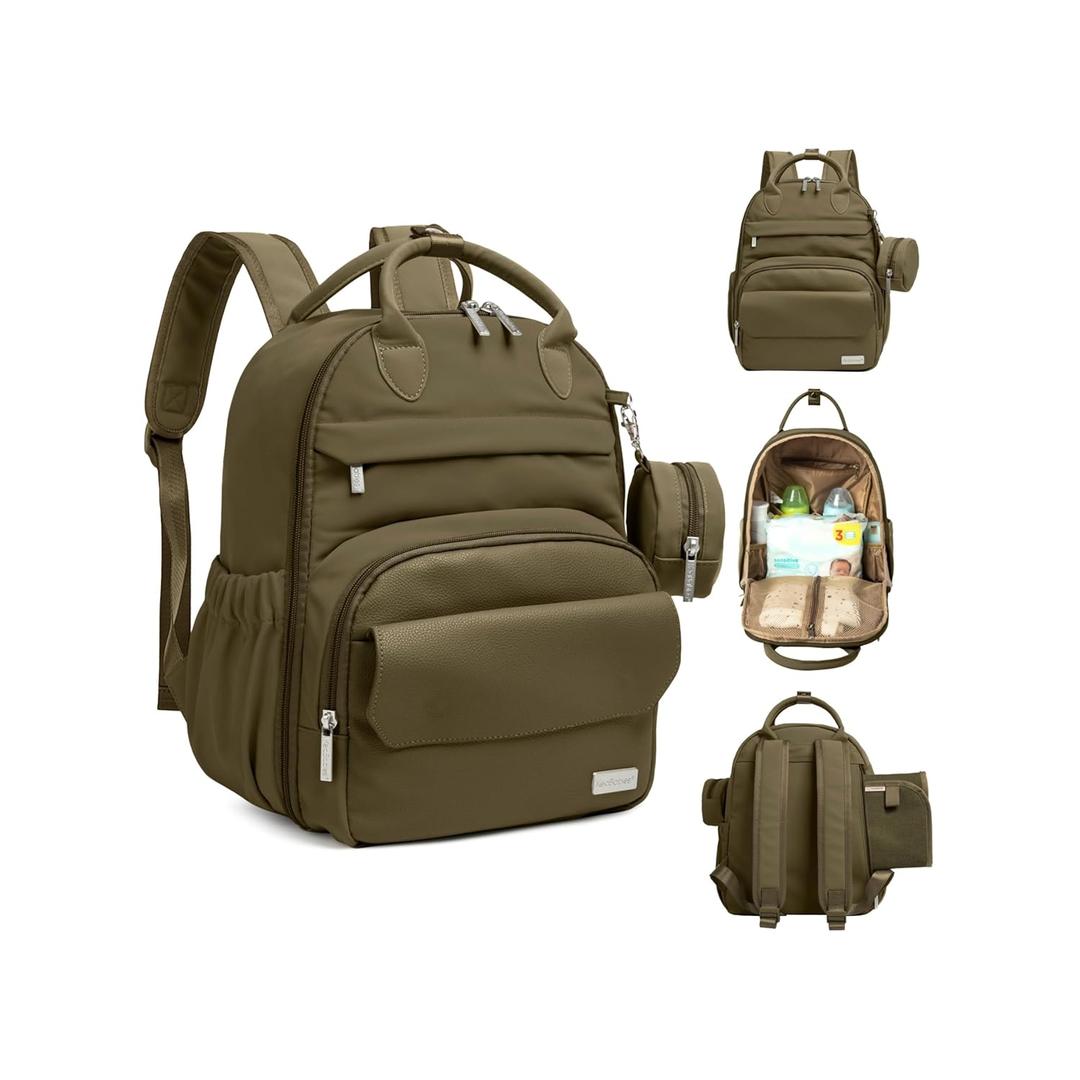 Diaper Bag Backpack - Multifunctional Travel Diaper Back Packs,Maternity Baby Changing Bags, Compact 12L Capacity, PU Leather, Waterproof, Unisex, Stylish Nappy Bag, Diaper Changing Pad (Dark Olive) (Dark Olive)