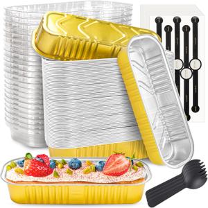 Mini Loaf Pans with Lids and Spoons Rectangular Aluminum Foil Baking Pans Mini Cheesecake Containers 6.8oz(60 Pack, Gold)