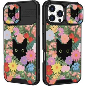 Funermei for iPhone 16 Pro Case - Women Girls Cute Phone Cover Girly Pretty Aesthetic Black Cat Floral Flower Unique Design with Camera Cover Funda for Apple for iPhone 16 Pro