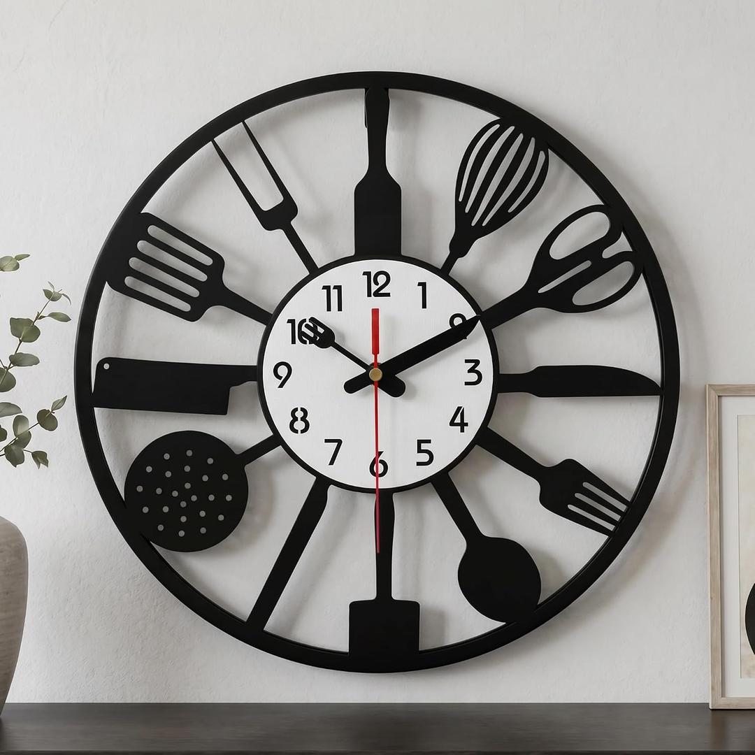 16 Inch Black Metal Kitchen Wall Clock, Modern Creative Cutlery Fork and Spoon Decor Clock, Silent Non-Ticking, Battery Operated, for Kitchen and Dining Room Wall Decor,Ideal Housewarming Gift