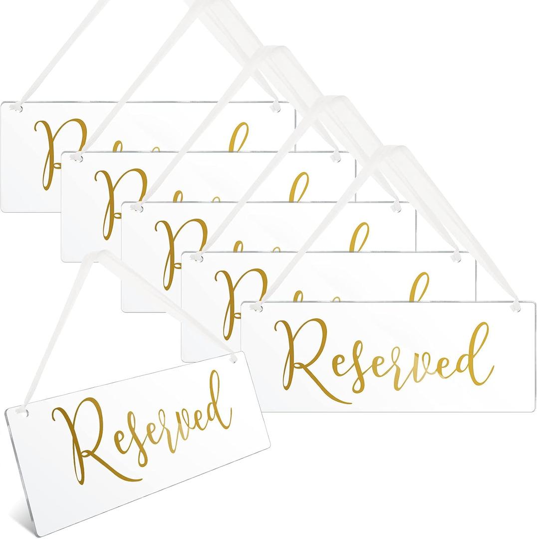 Blulu 6 Pcs Reserved Signs for Wedding Chairs Acrylic Tag Hanging with Ribbon for Wedding Reserved Signs for Important Events Church Pews Chair and Restaurant(Gold) (Gold)