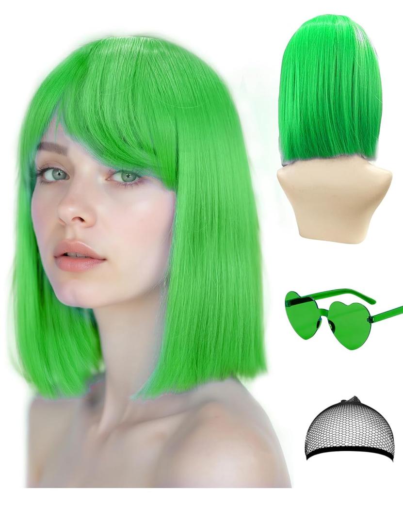 Side Bangs Featured Wigs and Party Sunglasses, Cosplay Color Bob Wig and Party with Neon Glasses for Women - Bachelorette Party Wigs Decorations Favors (Green)