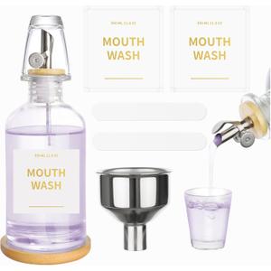 RELBRO Glass Mouthwash Dispenser for Bathroom, 11.8 OZ Refillable Mouthwash Container with Cup, Auto Pour Spout, Bamboo Tray, Funnel, Stickers, Clear, 1 Pcs