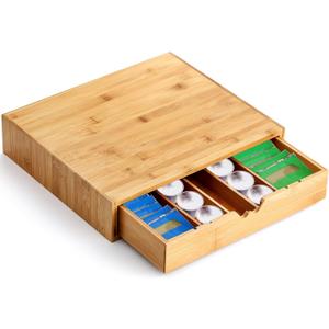 Peohud Bamboo Tea Bag Organizer, Tea Bag Storage Box for Countertop with Removable Divider Drawer, Functional Coffee Pod Holder for Kitchen, Office, Coffee Station, Tableware, Cosmetics