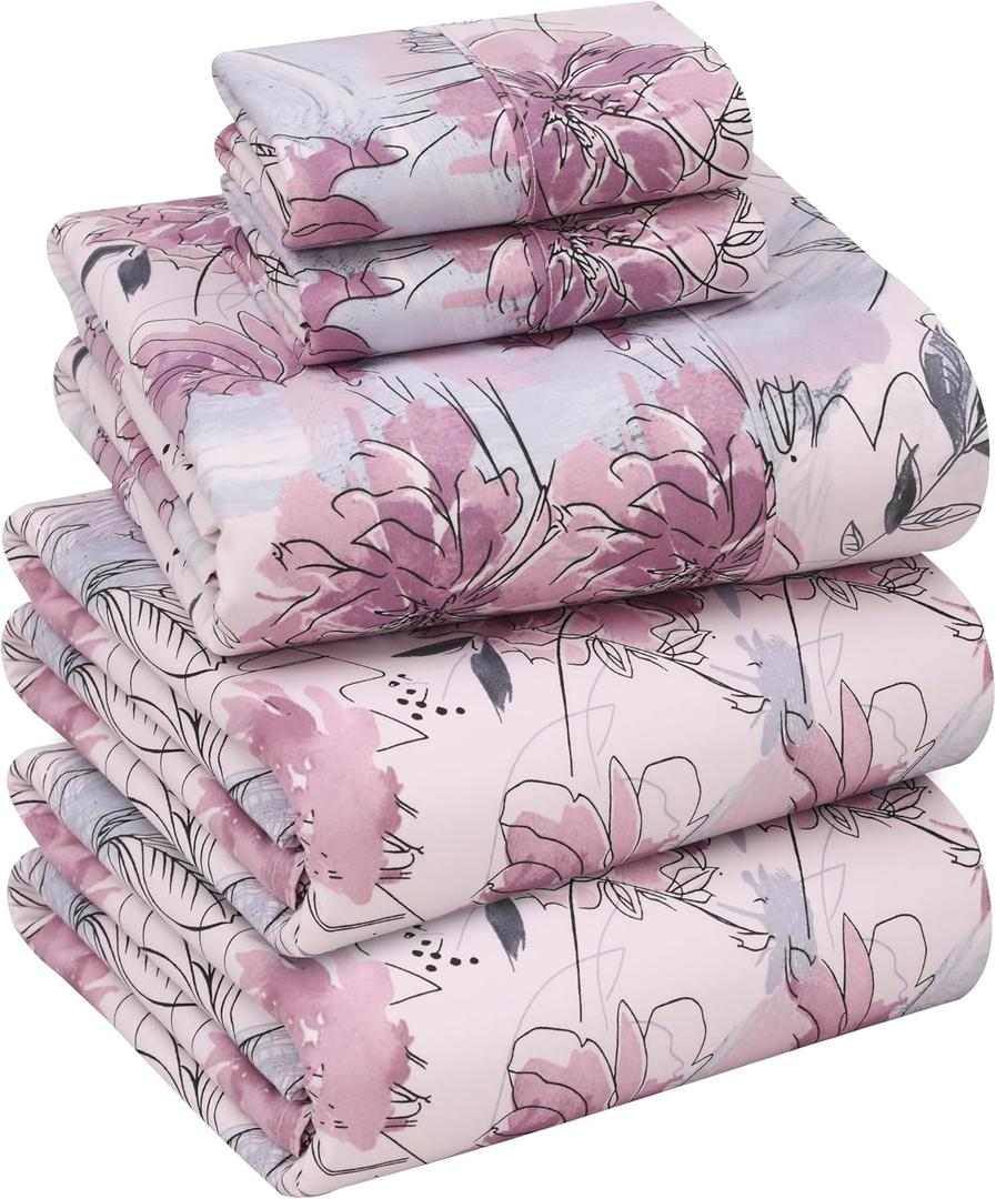 RUVANTI 100% Cotton Sheets  Split King Size Percale Bedding, Cooling & Breathable Floral Design, Durable with a Crisp, Soft & Comfortable Feel, 16" Deep Pocket, 5-Piece Set, Lilac Floral