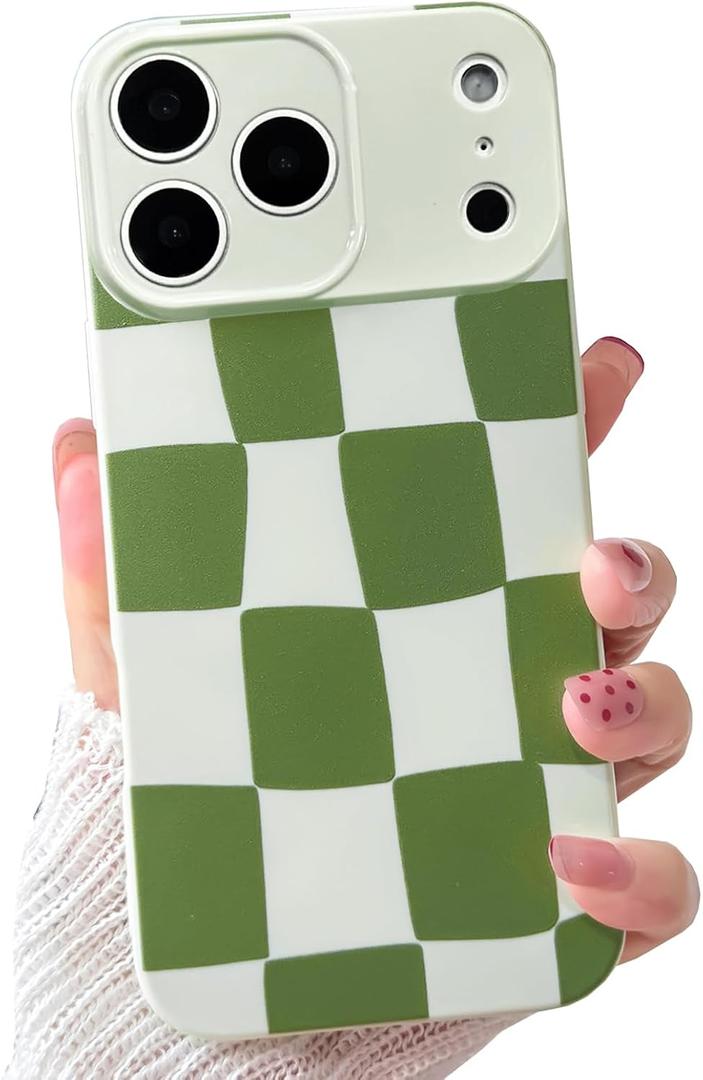 NITITOP Compatible for iPhone 17 Pro Case Cute Aesthetic Checkerboard Larger Blocks Pattern for Women Girl Trendy Slim Fit TPU Silicone Shockproof Full Camera Protection Cover - Green
