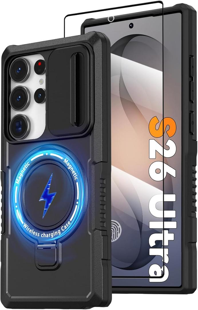 Magnetic Case for Samsung Galaxy S26 Ultra with Ring Stand [Screen Protector] [Compatible with MagSafe Wireless Charging] Military Grade Shockproof Case with Camera Cover for Samsung S26 Ultra, Black