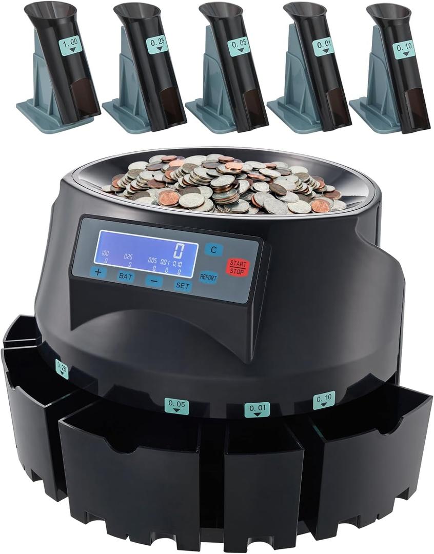 VEVOR USD Coin Counter & Coin Sorters with LCD Display, Coin Sorter Machine for USD Coin 1 5 10 25 $1, Sorts up to 300 Coins/min, Change Counter Holds 2000 Coins Included 5 Coin Bins & 5 Tubes
