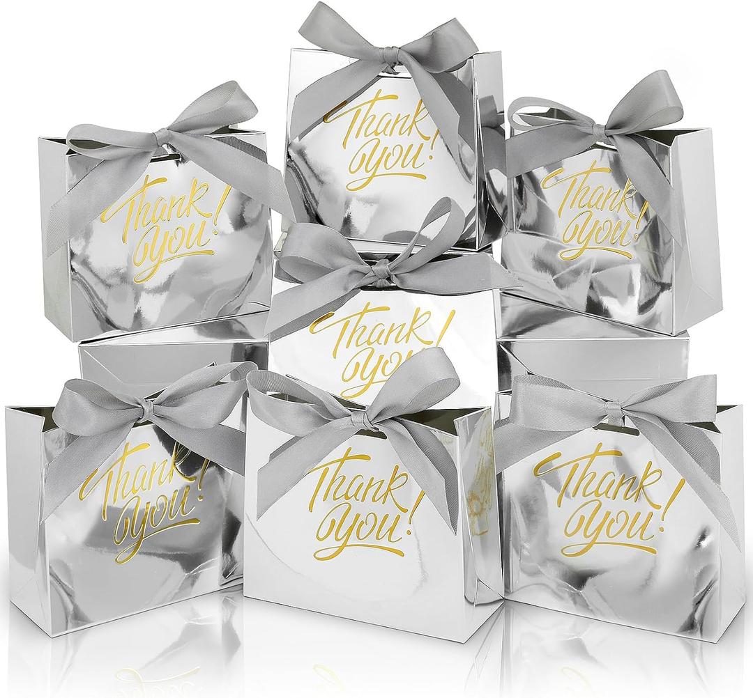 100 Pack Small Thank You Gift Bags, 4.5x1.8x3.9in Party Favor Bags Boxes with Bow Ribbon, Small Paper Gift Bags with Gold Foil Printed, Mini Candy Treat Bags for Birthday Wedding Party Holiday