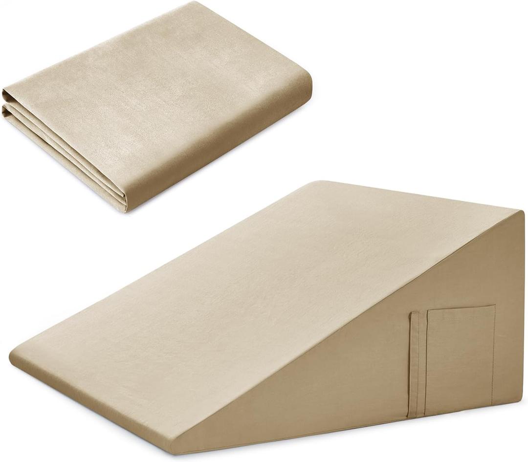 Cotton Wedge Pillow Cover for 24" x 24" x 10" Wedge Bed Pillow, Zippered Wedge Pillow Case Protector with Side Pocket, Beige (Pillow Not Included)