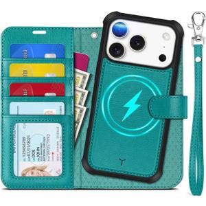 TUCCH Detachable Case Wallet for iPhone 17 Pro (6.3") 2025, Wrist Strap | 4 Card Slots RFID Blocking | Wireless Charging | Stand | 2-in-1 Magnetic | PU Leather | Shockproof Folio Cover | Cyan