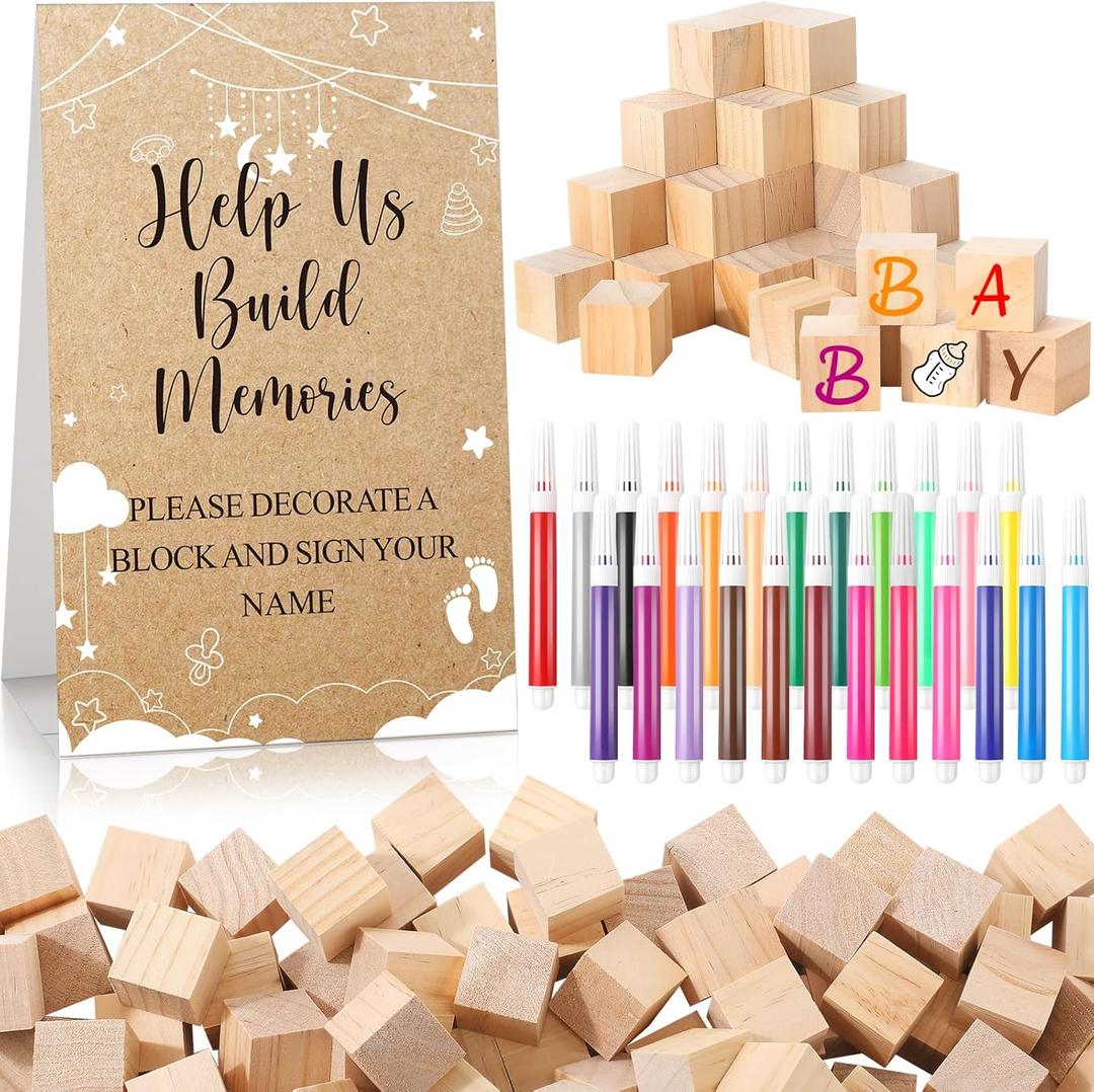 125 Pcs Baby Shower Decorate a Block Game Set Includes Help Us Build Memories Sign 100 DIY Blank Wooden Block 24 Paint Marker Prize for Wedding Baby Shower Game(Cloud)