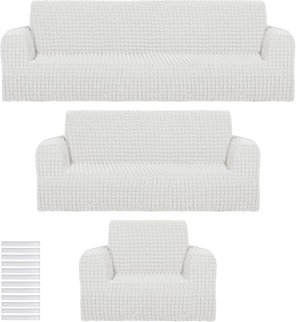 Fanfanwin 3 Pcs Furniture Sofa Cover Set Couch Cover Living Room Chair Covers Armchair Stretch Washable Couch Slipcover for Christmas Loveseat Large Oversized Sofa Cushion High Elastic(Begie)