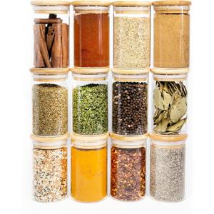 SAVVY & SORTED 12 Natural Bamboo Spice Jars - 8.5oz Large Glass Jars with Bamboo Lids - Seasoning Jar with Airtight Lids, Containers Herb Spice Rack Kitchen Organization