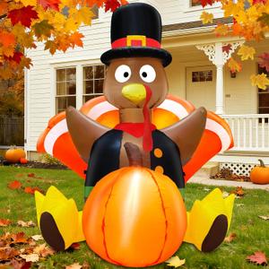 4 Foot Turkey Inflatable Thanksgiving Inflatables Outdoor Decorations Blow Up Turkey with Pumpkin Built-in LEDs Fall Thanksgiving Decorations for Home Outside Yard Lawn Garden Holiday Party