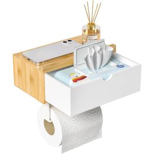 Domax Toilet Paper Holder with Shelf - Wall Mount/Adhesive Bathroom Toilet Paper Holder,Bamboo Wood Tissue Toilet Roll Holder with Storage Drawer for Organizer Wipes,Fits Any Room Bamboo+White, Medium
