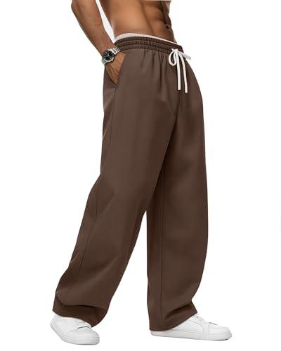 August Alley Men's Baggy Sweatpants Elastic Waist Drawstring Cotton Pockets Lounge Chino Pants Wide Leg Uncuffed Track Pants(Brown,Medium)