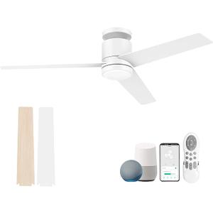 Lorpies 52 Inch Smart Flush Mount Ceiling Fans with Lights Remote,Quiet DC Motor, Outdoor Indoor Low Profile Ceiling Fan,Voice Control via WIFI Alexa App, Modern White Wood Ceiling fan for Bedroom Patio