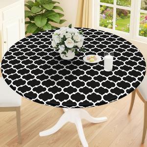 Smiry Round Picnic Tablecloth, Waterproof Elastic Fitted Table Covers for 36" - 44" Tables, Wipeable Flannel Backed Vinyl Tablecloths for Camping, Indoor, Outdoor, Black & White