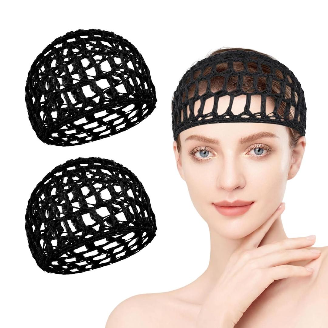 2 PCS Hair Nets for Sleeping,Crochet Mesh Wrap Caps for Silk Press, Curly Hair & Wig Protection,Soft Reusable Bonnets for Women, Lift Strap Weaving Sew For Women Ballet,Black