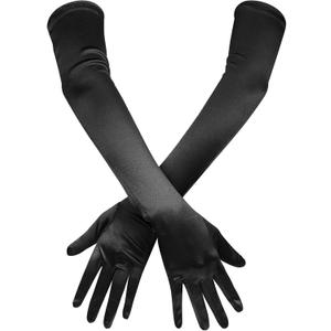 VIBILIA Long Opera Gloves for Women, 1920s Satin Tea Party Gloves Costume, Stretchy Adult Size Glove for Wedding Bridal Dress (Black)