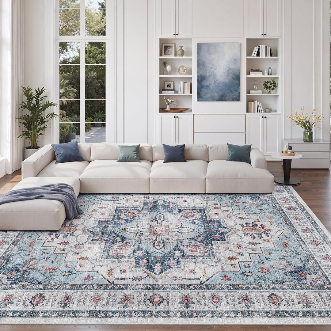 zesthome 8x10 Area Rugs, Stain Resistant Washable Rug,Ultra-Thin Rugs for Living Room, Bedroom, Non-Slip Backing Home Decor Large Area Rug (Blue, 8'x10')