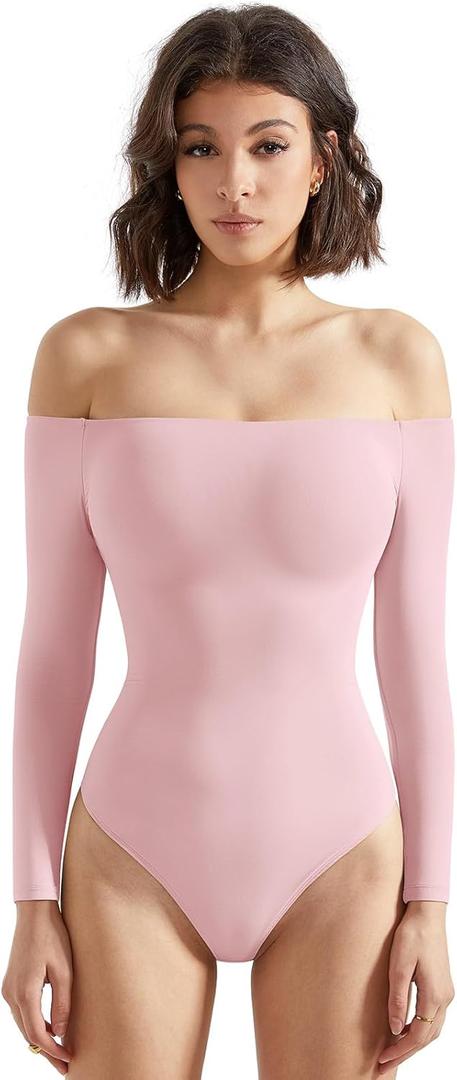 SUUKSESS Women Off the Shoulder Long Sleeve Bodysuit Double Lined Thong Bodysuit (Small, Baby Pink)
