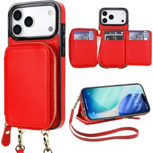 Bocasal for MagSafe Crossbody Wallet Case Compatible with iPhone 17 Pro Max, RFID Blocking Protective Purse Case with Card Slots Holder Kickstand Wrist Strap Lanyard Zipper 6.9 Inch 5G (Red)