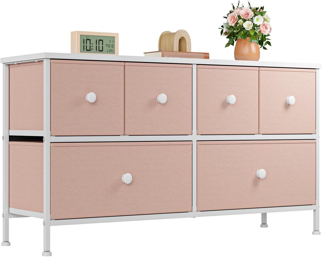 EnHomee Pink Dresser for Bedroom with 6 Drawers, Wide Dressers & Chests of Drawers, Organizer Unit with Fabric Dresser, TV Stand for Bedroom, Hallway, Pink