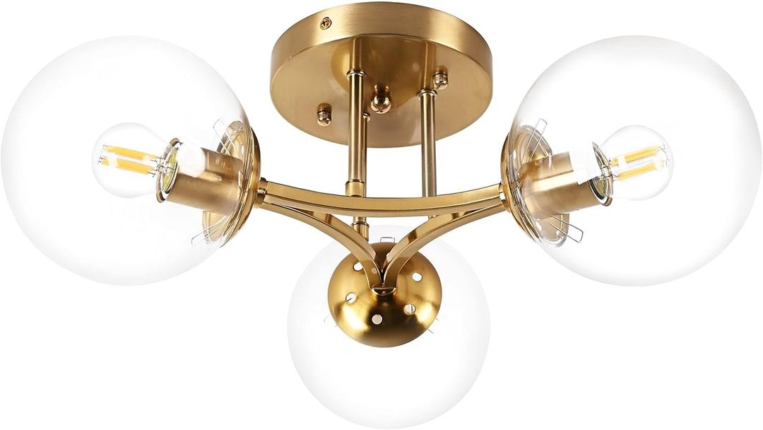 Mid Century Modern Ceiling Light Clear Globe Semi Flush Mount Ceiling Light Gold Sputnik Light Fixture Chandeliers Clear Glass Brushed Brass Chandeliers Living Room Dining Room Bedroom 3 Lights