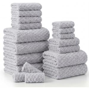 18 Pcs Soft Microfiber Baths Towel Set Include 6 Bath Towel,6 Hand Towels,6 Washcloth Bath Towels and Washcloth Set Coral Fleece Bathroom Sets with Hanging Loop for Family(Gray)