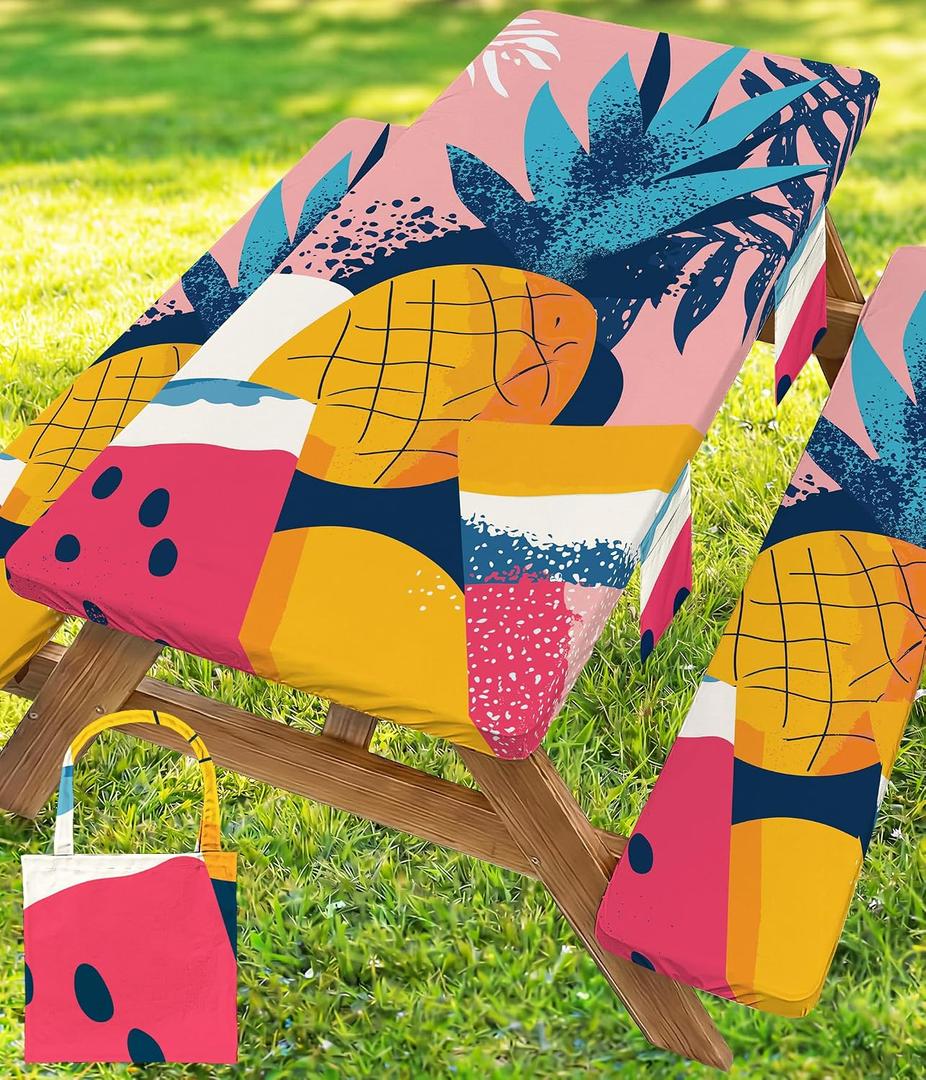 Picnic Table Cover with Bench Covers Waterproof Fitted Table Cloth Tablecover Camper Camp Camping Essentials Outdoor Beach Summer River Water Motorhome Trailer Road Trip Tent Rv Car Travel Activities