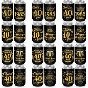 40th Birthday Party Decorations Can Cooler Sleeves, Neoprene Can Sleeves for 12 oz Cans & Bottles, 12 Pack Black and Gold 40th Birthday Gift for Men & Women, 4 Design