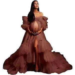 Fluffy Tulle Robe for Women Maternity Dresses Photoshoot Long Sheer Bridal Robe Old Hollywood Robe Lingerie (3X-Large, Light Brown)