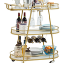 J-yaamiZz Gold 3 Tiers Bar Cart, Home Bar Serving Cart on Lockable Wheels, Rolling Alcohol Cart with Guardrail Wine Rack, Modern Wine Cart for Home Kitchen Dining, Living Room, Medium