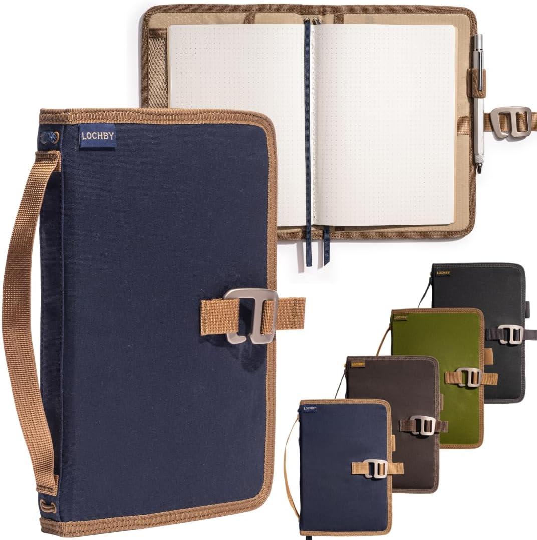 LOCHBY Field Journal | Planner Cover | Water Resistant Waxed Canvas | Pen Loop | Included Tomoe River Notebook | Perfect for Travel, Art, Bullet Journal (A5 Hook, Nautical)