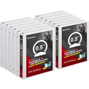 COMIX Sturdy 3 Ring Binder 0.5 inch with Clear View Cover, 1/2" Round Ring View Binder, PVC-Free, 2.4mm-Thick, 100 Sheets Capacity of US Letter Size Paper, Office  School Supplies, Pack of 12 (White)
