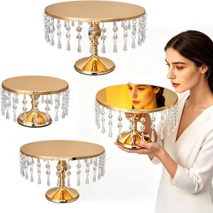 3 PCS Gold Cake Stand Set with Crystal Pendants, Dessert Table Display Set | Dazzling Metal Cake Holder Stand for Wedding, Party, Birthday, Baby Shower, Event Bridal Celebration