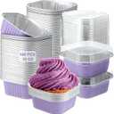 Aoriher 150 Pcs 10 oz Square Mini Cake Pans with Lids Disposable Aluminum Foil Cupcake Pan Brownie Baking Cup, Ramekins Individual Tin Dessert Containers for Kitchen Pudding Holders(Taro Purple)