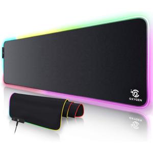 RGB Gaming Mouse Pad by Oxygen, Ultra Bright LED Light&Soft Large Extended Mousepad with 14 Lighting Modes, Water Resistance, Non-Slip Rubber Base Keyboard Mat, 31.5 X12 inch X 4mm, Black