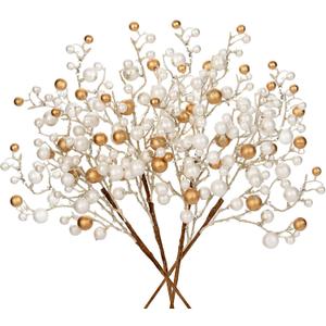 Hollyone 4 Pack Artificial Christmas Glitter Berries Stems, 19 Inch Fake White and Gold Holly Berry Picks with Ice Snow for Christmas Tree Wreath Floral Arrangements Holiday Home Vase DIY Crafts Decor
