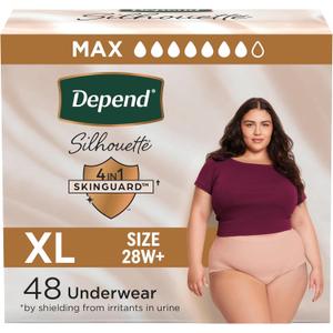Depend Silhouette Adult Incontinence & Postpartum Bladder Leak Underwear for Women, Maximum Absorbency, Extra Large, Pink, 48 Count (2 Packs of 24), Packaging May Vary