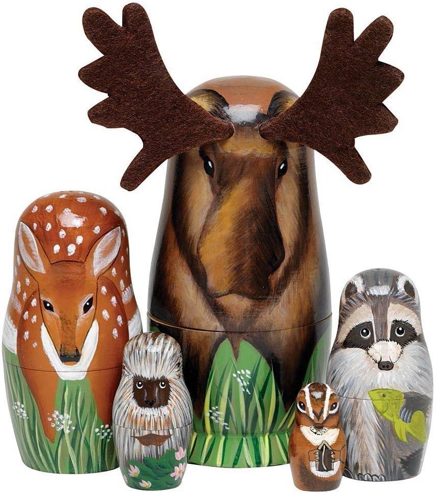 Bits and Pieces Moose Nesting Dolls - Russian Doll Set of 5 Hand Painted Wood Matryoshka Dolls, Traditional