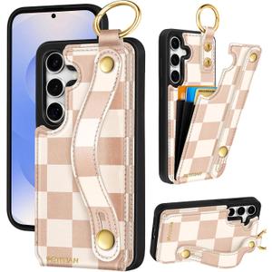 Petitian for Samsung Galaxy S24 Plus/S25 Plus Wallet Case - Women Girls Cute Girly Aesthetic Design Leather Credit Card Holder Cardholder Stand Wristband for Galaxy S24 Plus/S25 Plus,Checkered