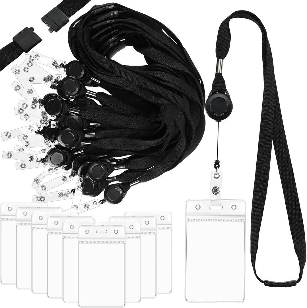 Kisston 24 Sets Id Badge Holder with Lanyard Retractable Breakaway Lanyard with Id Holder Vertical Waterproof Zip Card Holder Adjustable Lanyards for Id Badges Safety Detachable Buckle, Black