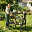 Metal Plant Stand with Wheels, 3-Tier Plant Rack,35.43" Wide Indoor Outdoor Flower Pot Rack, Black, 230 lb Capacity for Patio, Balcony, Living Room