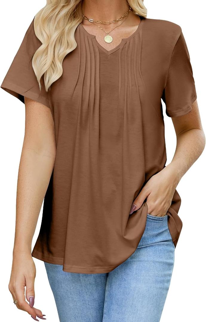 Womens T Shirts Short Sleeve Pleated Dressy Tunic Casual V Neck Summer Tops Blouses Beach Vacation Clothes (Medium, Khaki)