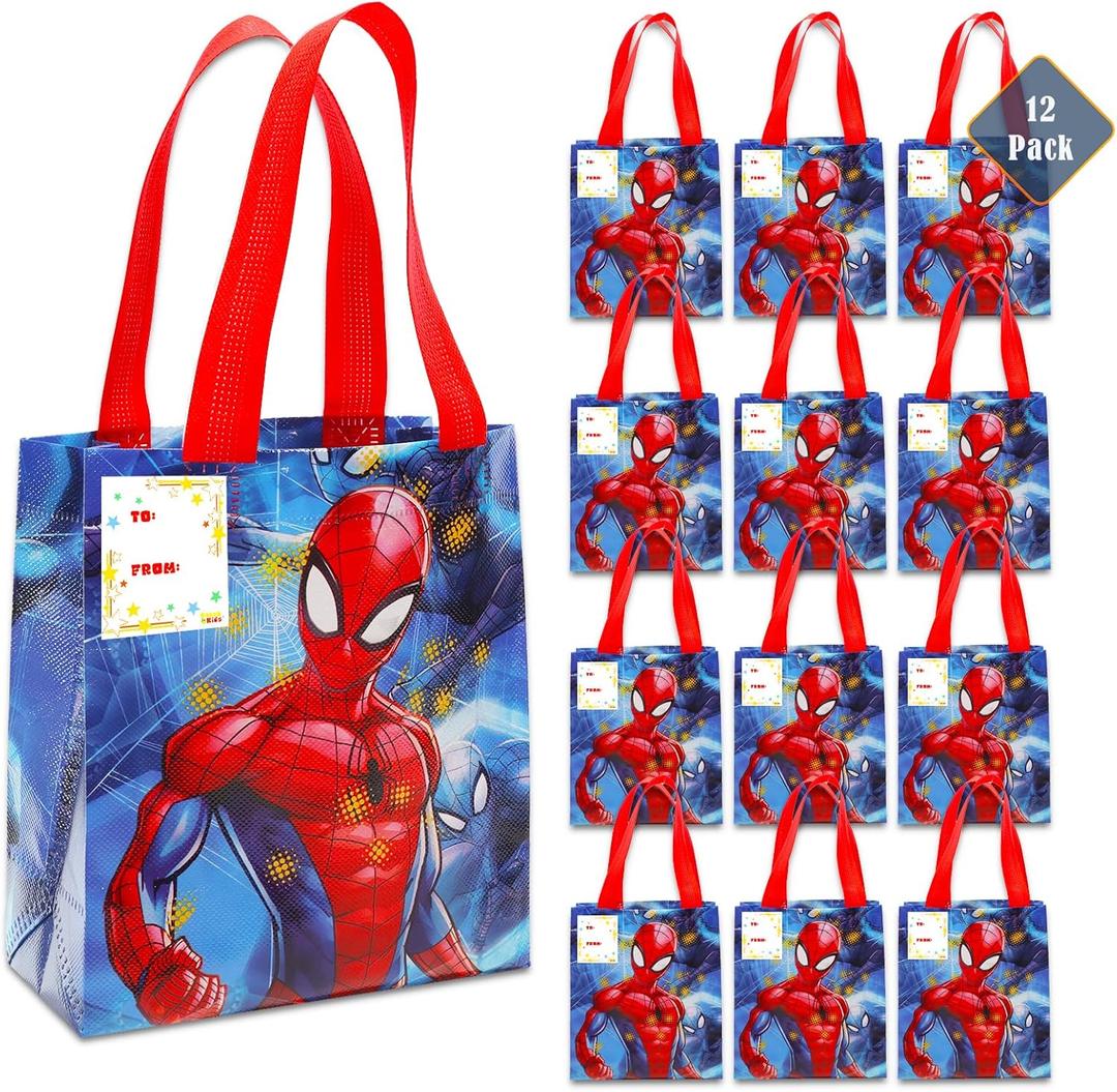 Spiderman Party Favor Bags Set  12 Pack 8" Marvel Party Goodie Bags for Kids Bulk Reusable Mini Totes | Spiderman Birthday Party Supplies